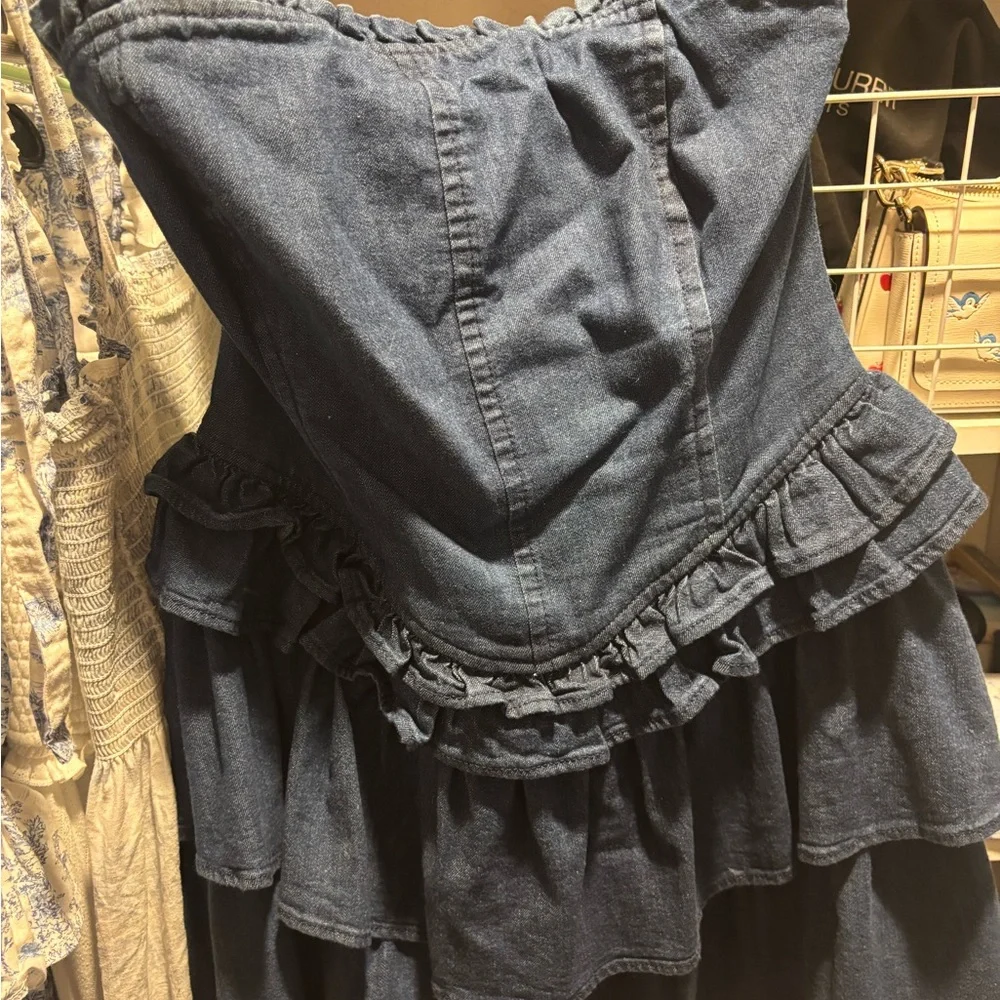 LoveShackFancy x Gap Strapless Ruffle Tiered Denim Mini Dress - Blue - Picture 4 of 6